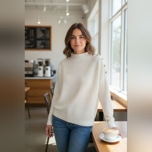 Belldeni Beautiful Soft Winter White Sweater with Gold and Pearl Buttons